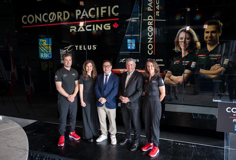 Andrew Wood, lead of Concord Pacific Racing youth team, Jill Schnarr of TELUS, Terry Hui, President and CEO of Concord Pacific, Martin Thibodeau of RBC, and Isabella Bertold, captain of Concord Pacific Racing photo copyright CNW Group / Concord Pacific Racing taken at  and featuring the AC40 class