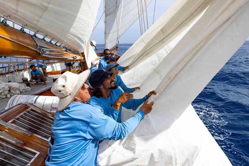 Onboard Eros, 115' staysail schooner built in 1939 - 2024 Antigua Classic Yacht Regatta photo copyright Patrick Sykes taken at Antigua Yacht Club and featuring the Classic Yachts class