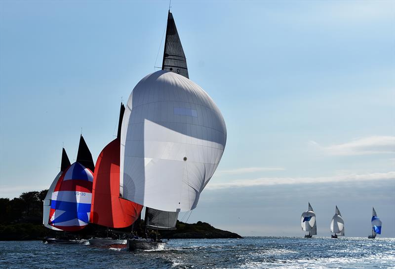 Historic 12 Metres competing in 12m NA Championship participated in an exhibition race back to Newport Harbor on Friday (Sept. 21). Nine-boat fleet had completed three races on Rhode Island Sound, where 12 Metres contended for America's Cup from 1958-83. - photo © SallyAnne Santos