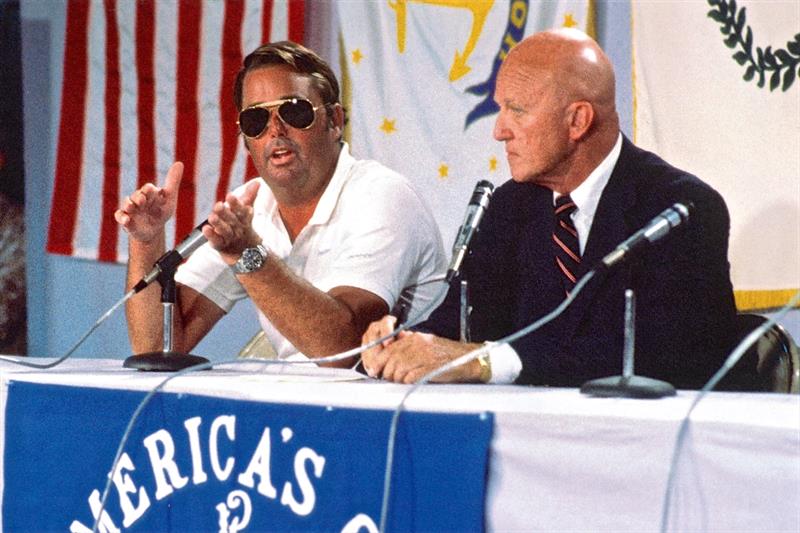 Dennis Conner (left) and moderator Bill Ficker at a Media Conference after Race 1 of the 1983 America's Cup - photo © Paul Darling