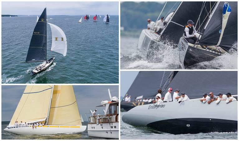 Clockwise from left: Challenge XII (KA-10) aerial; Challenge XII in action; New Zealand (KZ-3); and Enterprise (US-27) at the 12 Metre Worlds on Day Three photo copyright Ian Roman taken at Ida Lewis Yacht Club and featuring the 12m class