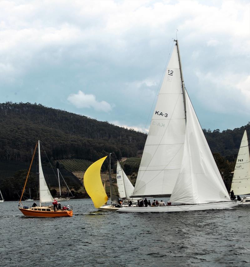 Gretel II overshadows smaller yachts at the Port Cygnet Regatta photo copyright Jessica Croughton taken at Royal Yacht Club of Tasmania and featuring the 12m class