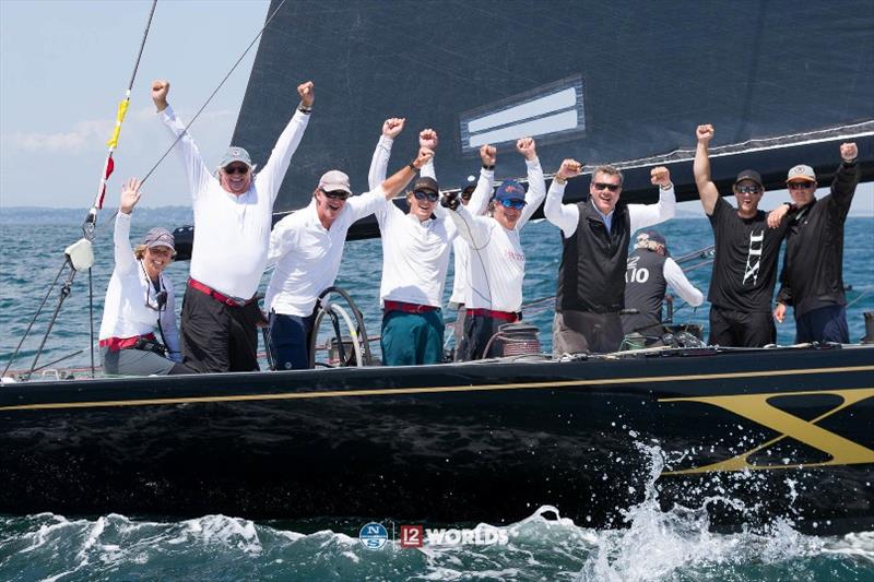 Jack LeFort's Challenge XII (KA-10) crosses the finish line to capture the 2019 12mR World Championship at Newport. - photo © Ian Roman