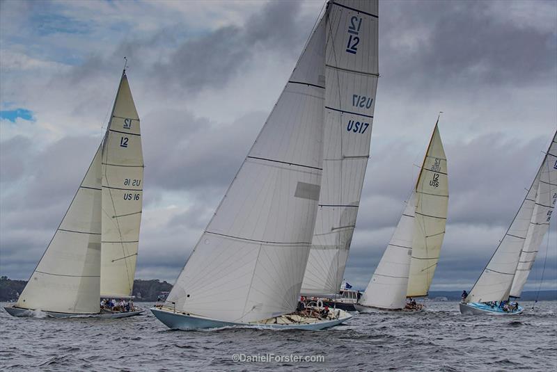 Tony Chiurco on the helm of Kevin Hegarty's Columbia (US-16 on far left) won Traditional/Vintage division at 12 Metre North American Championship, held Sept. 23-26 off Newport. Others shown are Weatherly (US-17), Onawa (US-6), and Nefertiti (US-19) photo copyright Daniel Forster taken at  and featuring the 12m class