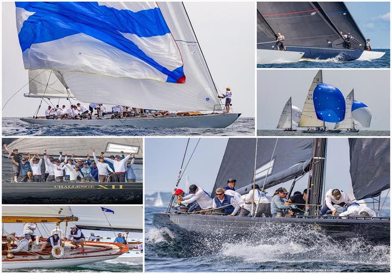 Clockwise from top left: World Champion Columbia; Freedom (blue hull) on the starting line; Columbia (starred spinnaker) in Traditional/Vintage fleet; World Champion Challenge XII; Onawa in action; Challenge XII celebrating - 12 Metre World Championship photo copyright Stephen Cloutier taken at Ida Lewis Yacht Club and featuring the 12m class