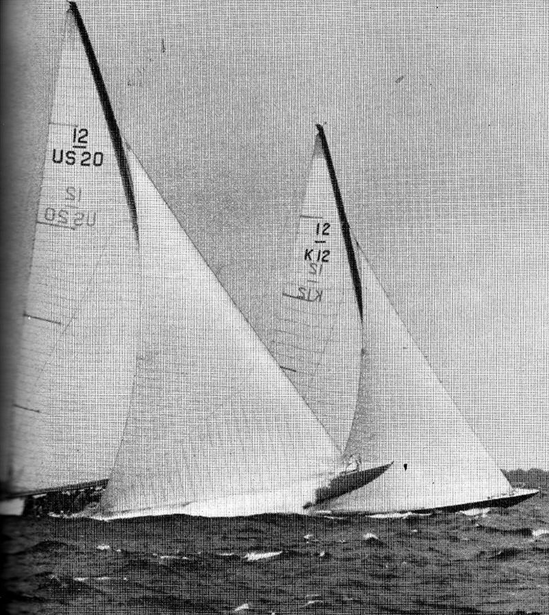 Sovereign K12 to windward of Constellation (US20) in the 1964 America's Cup photo copyright Howey Caufman taken at New York Yacht Club and featuring the 12m class