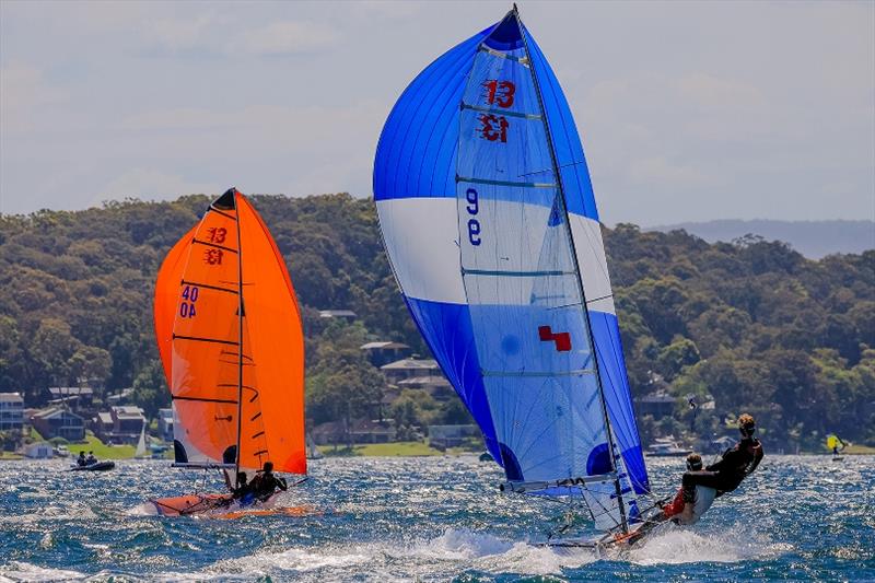 13ft Skiffs under kite - Red Pumps 16ft Skiff Australian Championships 2021-22, Day 1 photo copyright Michael Chittenden taken at Belmont 16ft Sailing Club and featuring the 13ft Skiff class