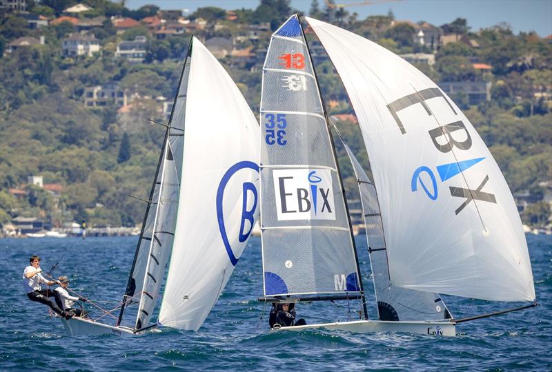 Ebix  (Jemma Hopkins & James Hopkins) and Bartley Construction (Taylor Springett & Hugh Skeen) on day 4 of the 2023 Australian 13ft Championships photo copyright SailMedia taken at Manly 16ft Skiff Sailing Club and featuring the 13ft Skiff class