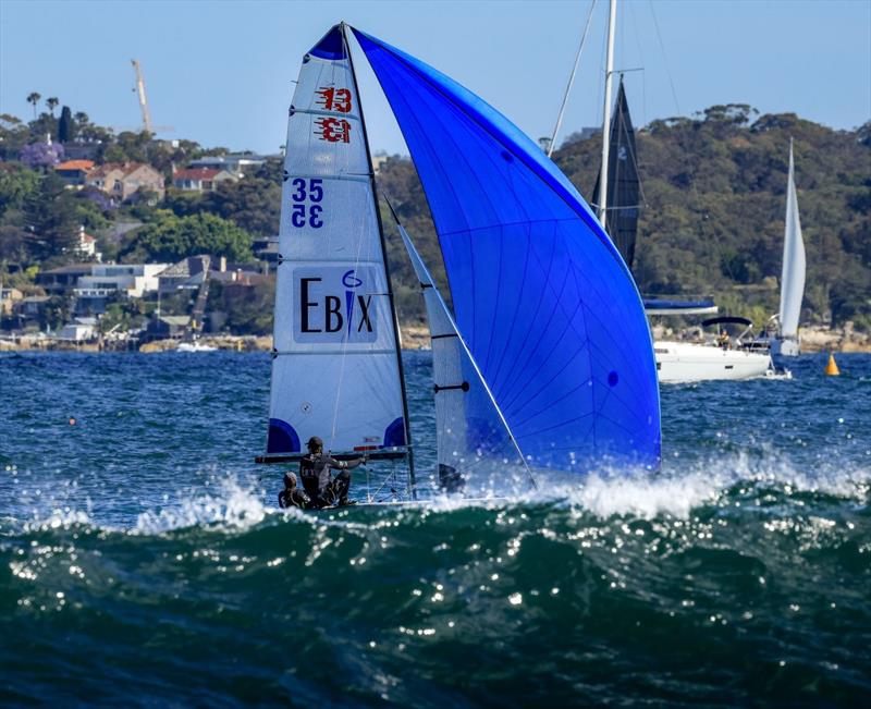 Ebix - Jemma Hopkins and James Hopkins photo copyright Sail Media taken at Manly 16ft Skiff Sailing Club and featuring the 13ft Skiff class