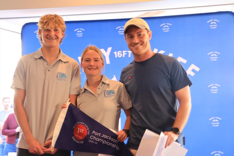 Lily Klijn and Joe Corbell with Commodore Michael Childs at the Port Jackson Championship photo copyright Michael Chittenden SailMedia taken at Manly 16ft Skiff Sailing Club and featuring the 13ft Skiff class