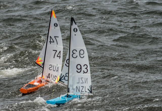 International One Design (IOM) radio controlled yachts line up for the start on a windy River Derwent - 2018 IOM ® National Championships - photo © Robert Gavin