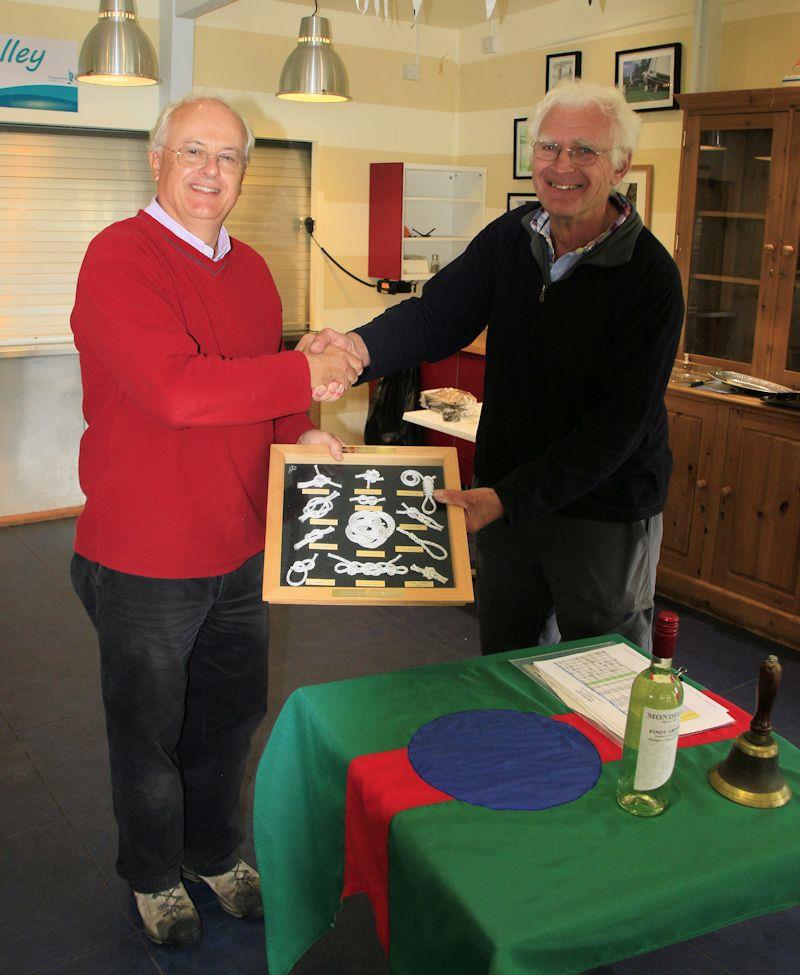 IOM (One Metre) open meeting at Frensham Pond - Dave Adam receiving his trophy from Race Officer Nick Royse photo copyright Tony Schlaeppi taken at Frensham Pond Sailing Club and featuring the One Metre class