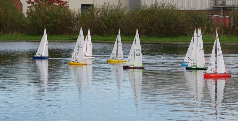 A light wind start to the Strebor IOM Open and Northern District Championship 2021 photo copyright Dave Williams taken at Birkenhead Radio Sailing & Power Club and featuring the One Metre class