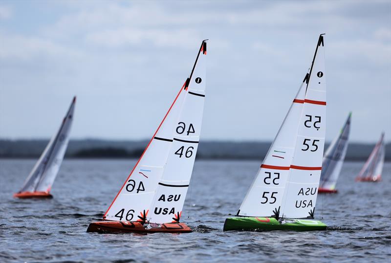 2026 IOM Worlds at Datchet Water Day 4 - USA 46 and USA 55 upwind photo copyright Mark Jardine taken at Datchet Water Sailing Club and featuring the One Metre class