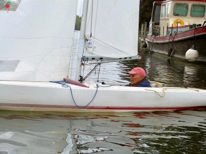 He might not have been so mobile as he was in his dinghy days, but show Michael Goffe a boat and all the old skills returned, despite his being into his nineties photo copyright Alison Garrett taken at  and featuring the 2.4m class