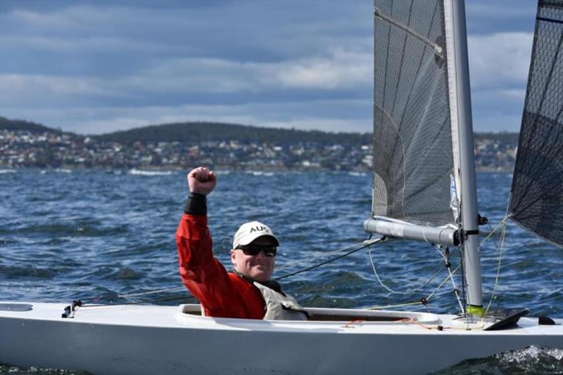 Ron Bugg waves after winning his eighth consecutive Australian championship today in the 2.4mR class - photo © Jane Austin