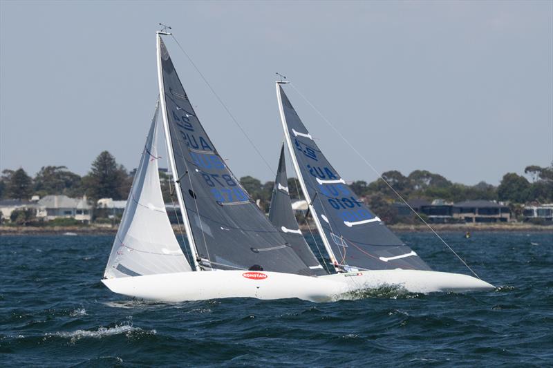 Close racing between Peter Coleman Sail number 1010 and Neil Paterson Sail number 878. Coleman is leading the regatta by 1 point ahead of Paterson after the first day of racing - photo © A.J. McKinnon
