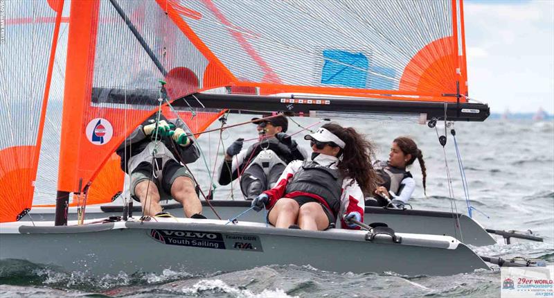 GBR's Mimi El-Khazindar & Ben Batten battle ESP's Tania Bonilla & Marc Chapon on day 2 of the 29er Worlds at Lake Ontario photo copyright Luka Bartulovic taken at  and featuring the 29er class