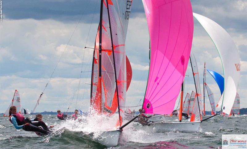 Spain's Carla & Marta Munte blast downwind on day 2 of the 29er Worlds at Lake Ontario photo copyright Luka Bartulovic taken at  and featuring the 29er class