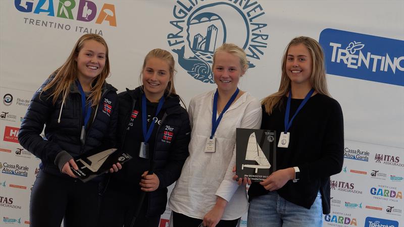 Girl's podium at the 29er Eurocup at Lake Garda photo copyright Elena Giolai taken at Vela Garda Trentino and featuring the 29er class