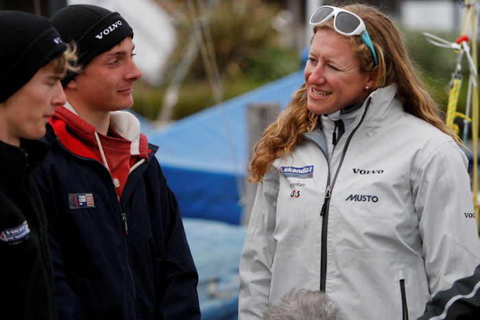 Annie Lush talks to 29er Sailors Henri Lloyd Williams and Sam Batten on day 4 of the RYA Volvo Youth Nationals photo copyright Paul Wyeth / www.pwpictures.com taken at Hayling Island Sailing Club and featuring the 29er class