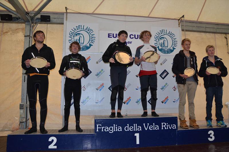 29er Euro Cup at Lake Garda podium; Matt Venables & Will Alloway (2nd), Owen Bowerman and Morgan Peach (1st), Jasper Steffens & Tom Leonart (3rd) photo copyright Fraglia Vela Riva taken at Fraglia Vela Riva and featuring the 29er class