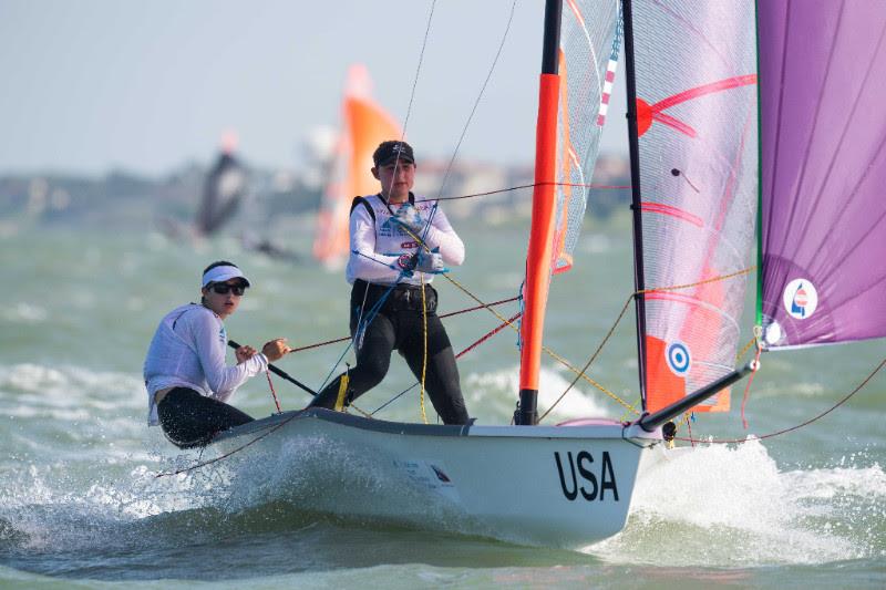 Berta Puig (helm) and Bella Casaretto steaily climbed the Girls' 29er Class to win a silver medal at the Youth Worlds photo copyright Jen Edney / World Sailing taken at Corpus Christi Yacht Club and featuring the 29er class