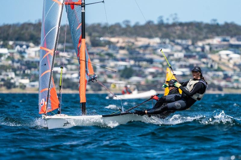 Leading girl crew in the 29ers, Alice Buchanan and Dervla Duggan - Day 3, Australian Sailing Youth Championships 2019 photo copyright Beau Outteridge taken at Royal Yacht Club of Tasmania and featuring the 29er class