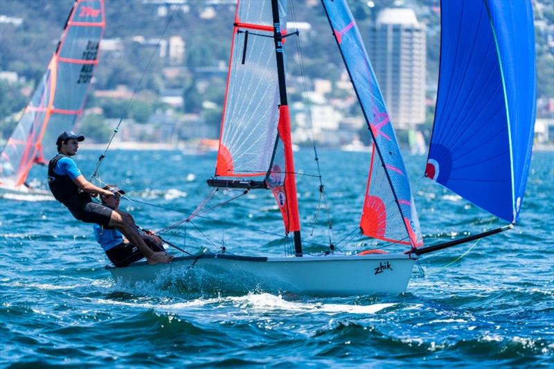 29er champions Archie Cropley and Max Paul (NSW) in action on the Derwent today - Day 4, Australian Sailing Youth Championships 2019 photo copyright Beau Outteridge taken at Royal Yacht Club of Tasmania and featuring the 29er class