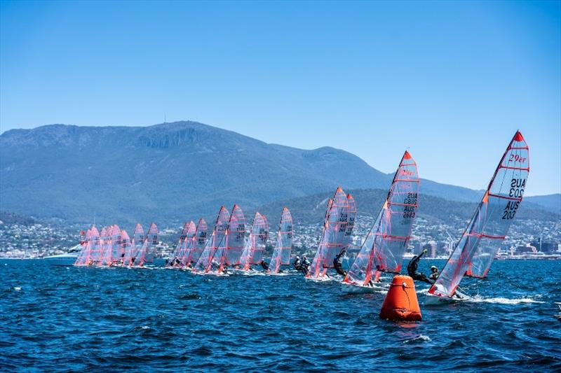 The 29ers line up for their final race on the Derwent today - Day 4, Australian Sailing Youth Championships 2019 photo copyright Beau Outteridge taken at Royal Yacht Club of Tasmania and featuring the 29er class