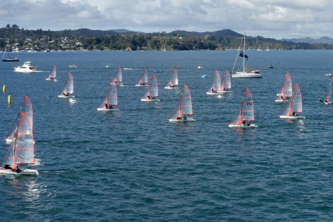 Record fleet numbers at the 2020 NZ 29er Nationals photo copyright Yachting NZ taken at Manly Sailing Club and featuring the 29er class