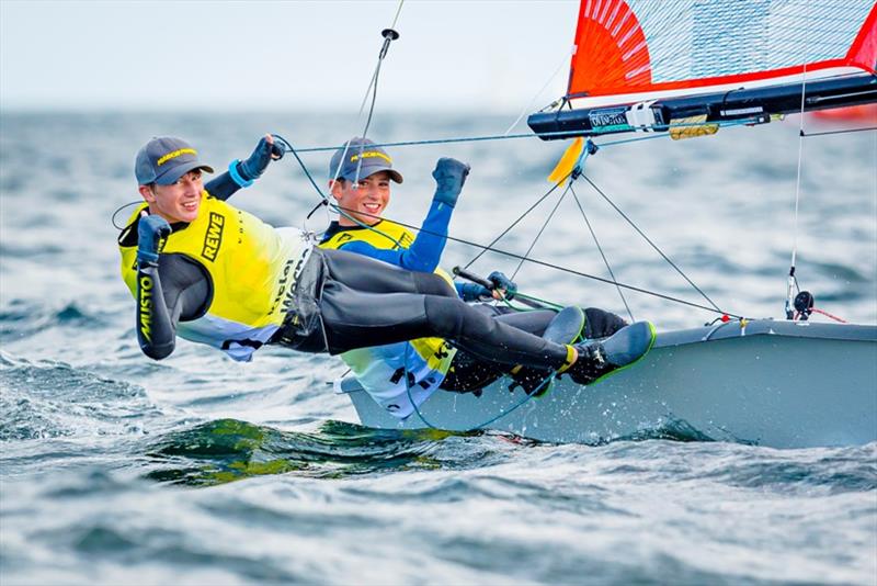 The former tennis crack Becker's fist of the winners is shown by helmsman Anton and crew Johann Sach at the final finish of the 29er Euro Cup.  photo copyright Sascha Klahn taken at Kieler Yacht Club and featuring the 29er class