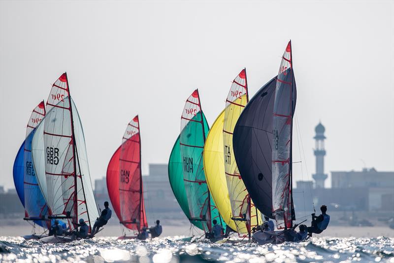 29er fleet on day 1 of the Youth Sailing World Championships presented by Hempel photo copyright Sander van der Borch / Oman Sail taken at Oman Sail and featuring the 29er class
