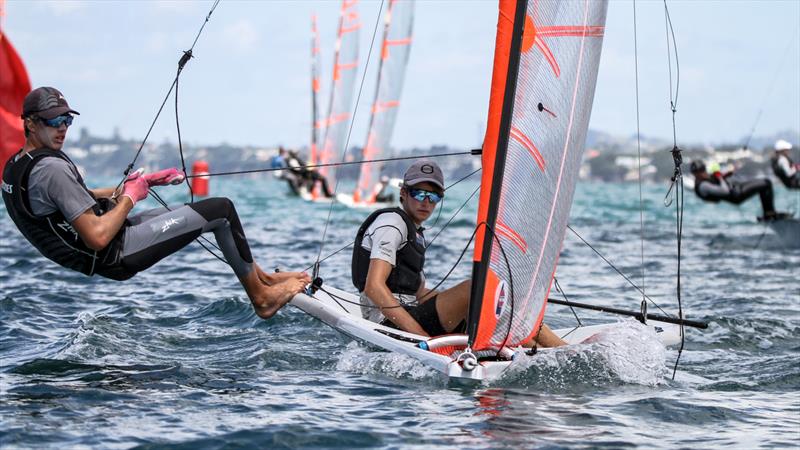 George Lee-Rush and Seb Menzies - 29er - Oceanbridge NZL Sailing Regatta - Day 4 - Takapuna BC February 20, 2022 photo copyright Richard Gladwell - Sail-World.com/nz taken at Takapuna Boating Club and featuring the 29er class