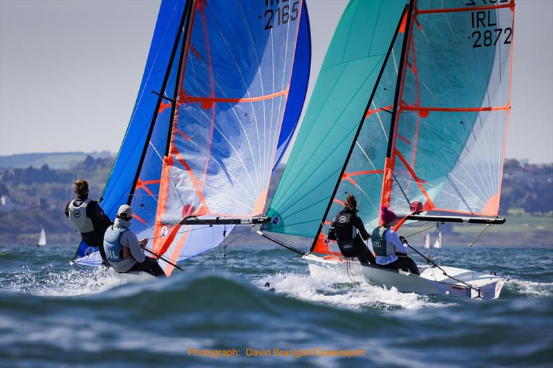 2165 James Dwyer (Royal Cork YC) with crew Andrew Conan (Royal St George YC) alongside 2872 Lucia Cullen (Royal St George YC) with crew Alana Twomey (Royal Cork YC) competing in the 29ers at the Irish Sailing Youth Nationals 2022 photo copyright David Branigan / Oceansport taken at Ballyholme Yacht Club and featuring the 29er class