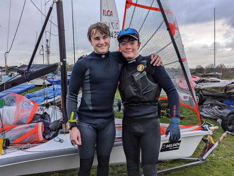 James Crossley and Noah Fitzgerald win the GJW Direct Bloody Mary 2023 photo copyright Mark Jardine taken at Queen Mary Sailing Club and featuring the 29er class