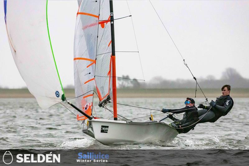 James Crossley and Noah Fitzgerald win the GJW Direct Bloody Mary 2023 - part of the Seldén SailJuice Winter Series photo copyright Tim Olin / www.olinphoto.co.uk taken at Queen Mary Sailing Club and featuring the 29er class
