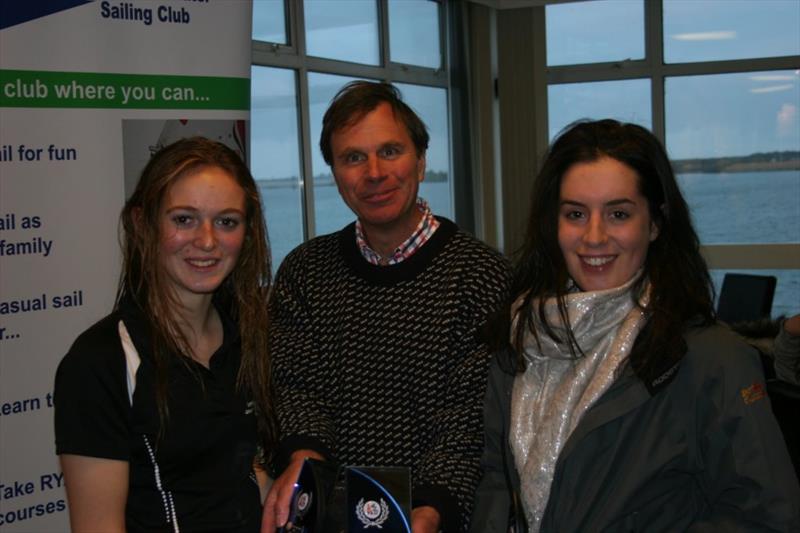 Sarah Norbury and Mari Davies with new Class Chairman Marcus Lawson at the 420 CurraDinghy End of Season Championships photo copyright Mike Riley taken at Grafham Water Sailing Club and featuring the 420 class