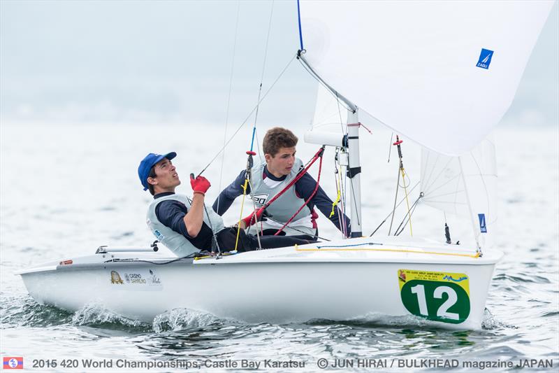 Edoardo Ferraro and Francesco Orlando (ITA) lead U17 fleet on day 2 of the 420 World Championships photo copyright Jun Hirai / BULKHEAD Magazine taken at  and featuring the 420 class