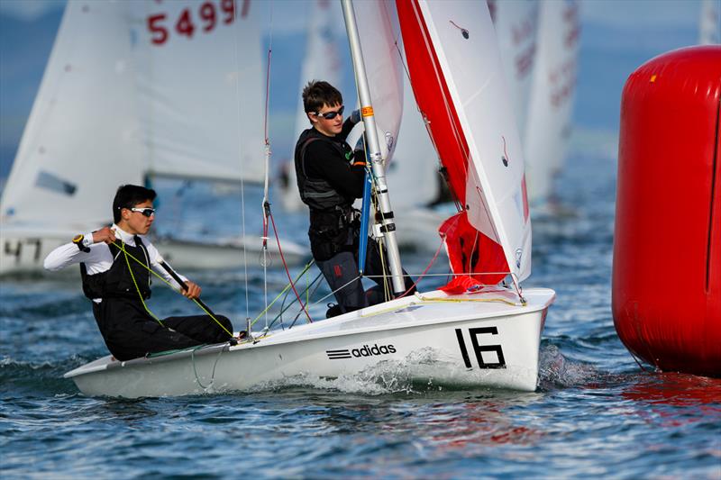 Robbie King and Marcus Tressler on day 1 of the RYA Youth National Championships photo copyright Paul Wyeth / RYA taken at Plas Heli Welsh National Sailing Academy and featuring the 420 class