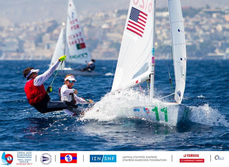 Max ANKER and Leyton BORCHERDING (USA) on day 3 of the 420 Open European Championships in Athens photo copyright Nikos Alevromytis / AleN taken at Nautical Club of Tzitzifies Kallithea and featuring the 420 class