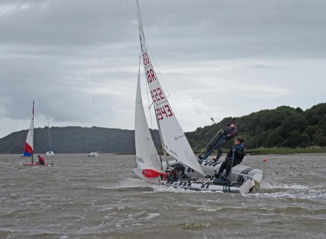 Megan Patterson at full stretch on the trapeze with Emily Biggar on the helm heading for 2nd in their class at Solway Yacht Club Cadet Week - photo © Ian Purkis