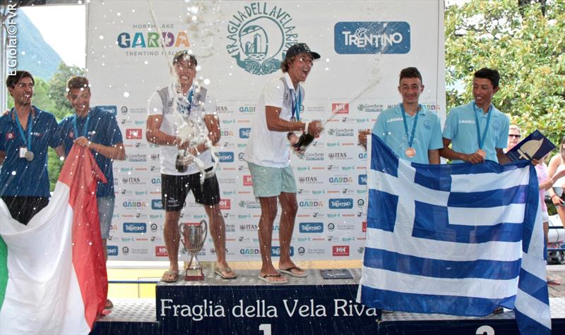 420 Junior Europeans podium in the 420 and 470 Junior Europeans at Lake Garda photo copyright Elena Giolai taken at Fraglia Vela Riva and featuring the 420 class