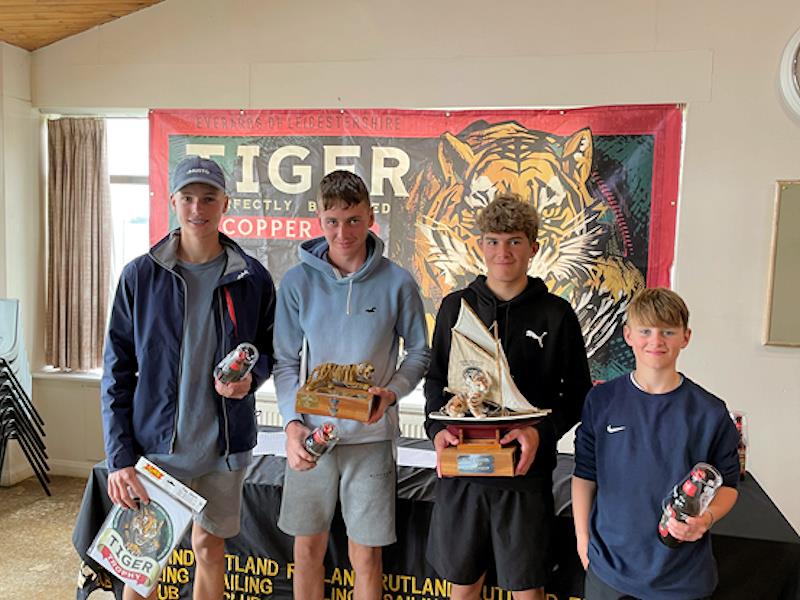 420s at the Tiger Trophy 2021 (l-r) Hugo Valentine, Joe Warwicker, Ralph Cawthorne & Harry George photo copyright Mike Warwicker taken at Rutland Sailing Club and featuring the 420 class