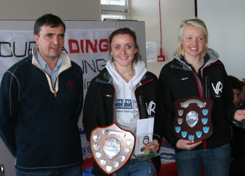 Phil Kilburn (Noble Marine) presents prizes to Annabel Cattermole and Bryony Bennett-Lloyd at the 420 End of Season Championships photo copyright Mike Riley taken at Grafham Water Sailing Club and featuring the 420 class