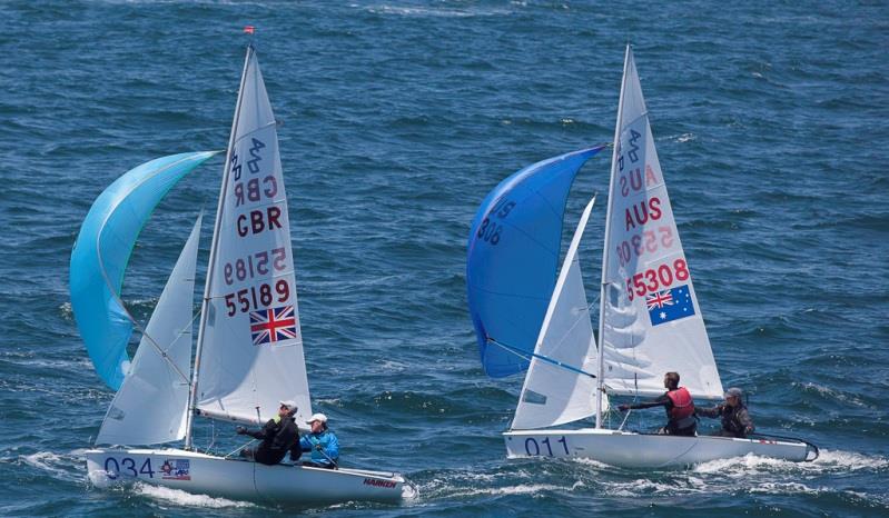 Britain's Archie Penn and Ben Warrington dicing for the finish in the Silver fleet with Australians Lachlan Nairn and Matthew van Riel – 420 World Championship photo copyright Bernie Kaaks taken at Fremantle Sailing Club and featuring the 420 class
