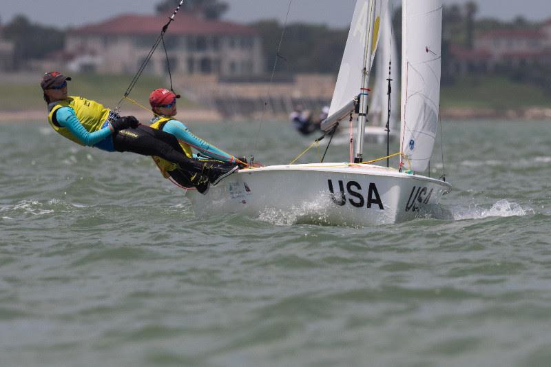 Carmen (skipper) and Emma Cowles work upwind on Day 2 of the Youth Sailing World Championships. They lead the Girls' 420 Class with all first-place finishes photo copyright Jen Edney / World Sailing taken at  and featuring the 420 class