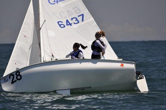 Yumi Yoshiyasu (left, crew) and Maddie Hawkins (right, helm) on Lake Erie from Day 2 at the 2018 U.S. Junior Women's Doublehanded Championship photo copyright Erin Gallagher taken at Mentor Harbor Yachting Club and featuring the 420 class