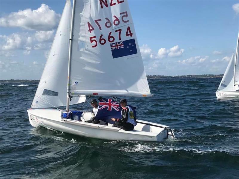 Seb Menzies and Blake McGlashan (NZL) celebrate their Open 420 Worlds title win in Newport RI, USA photo copyright 420 Worlds taken at  and featuring the 420 class