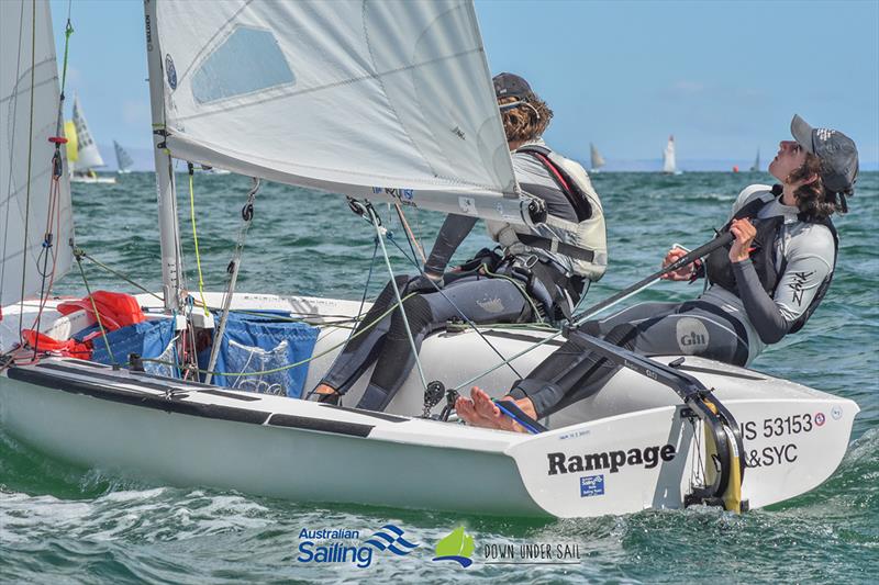 Alexi Wigglesworth and Taran Sanderson sailing in the 420 fleet - 2019 South Australian Youth Championships photo copyright Harry Fisher taken at Adelaide Sailing Club and featuring the 420 class